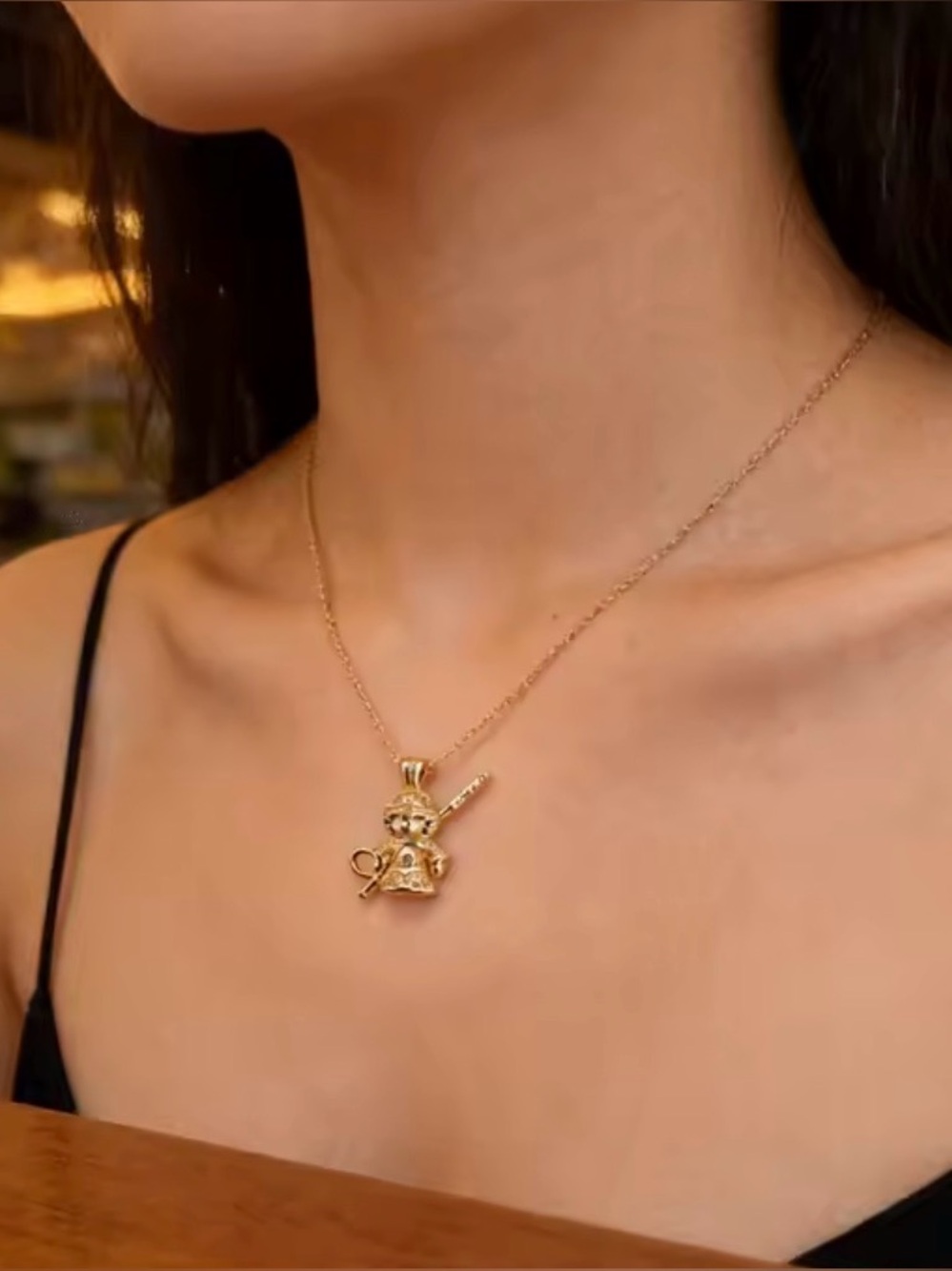 18K Gold Monkey King w/ Staff Micro Pave Diamond Inlay Necklace Mythology Legend - Picture 4 of 13